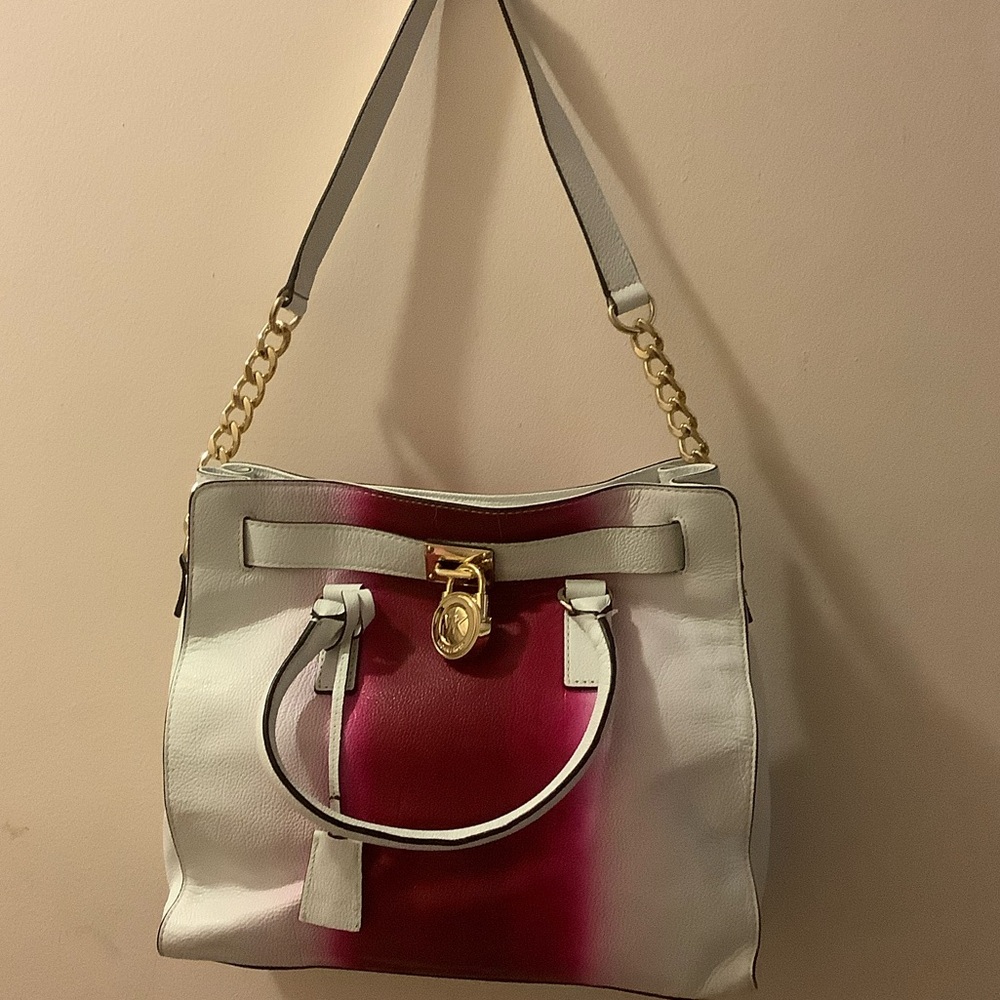 New Michael Kors Hamilton White Pink Shoulder Purse Dust Bag Spray Paint Style